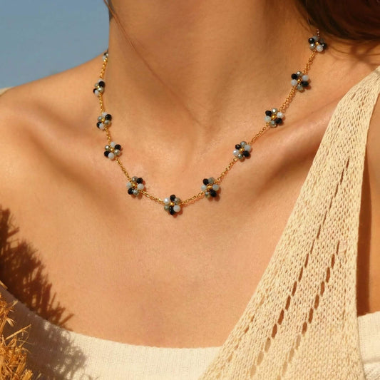 Black & Gray Glass Bead Daisy Choker Necklace