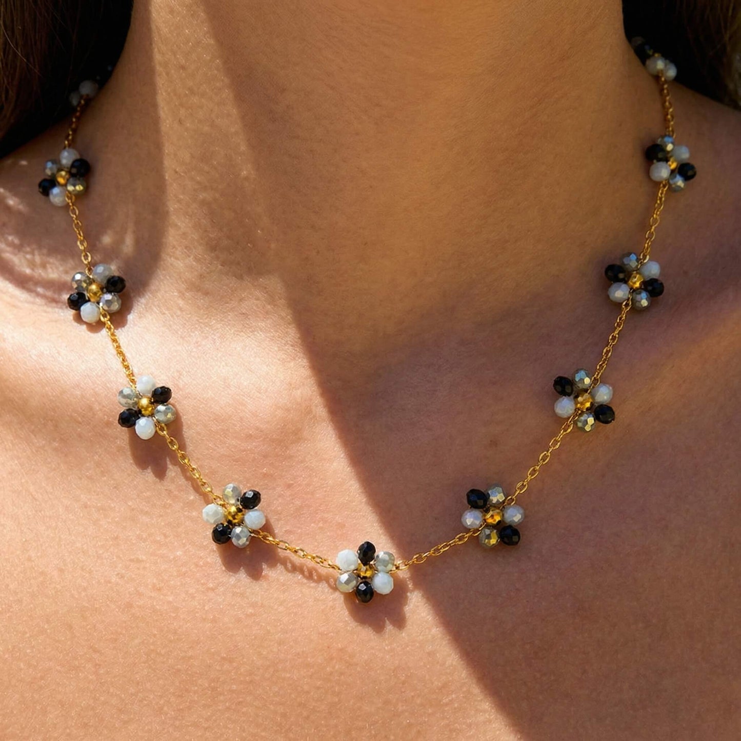 Black & Gray Glass Bead Daisy Choker Necklace