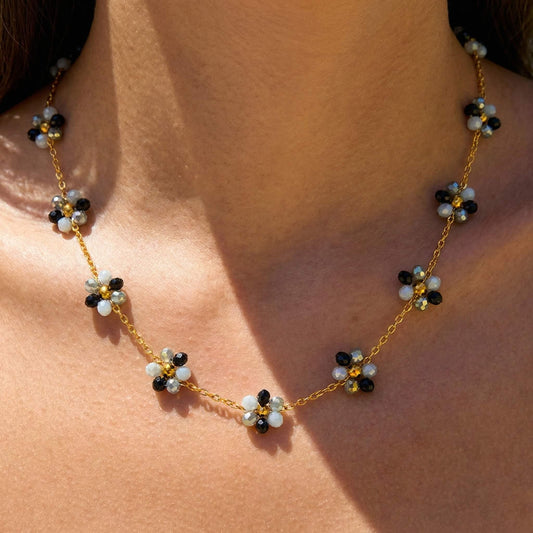 Black & Gray Glass Bead Daisy Choker Necklace