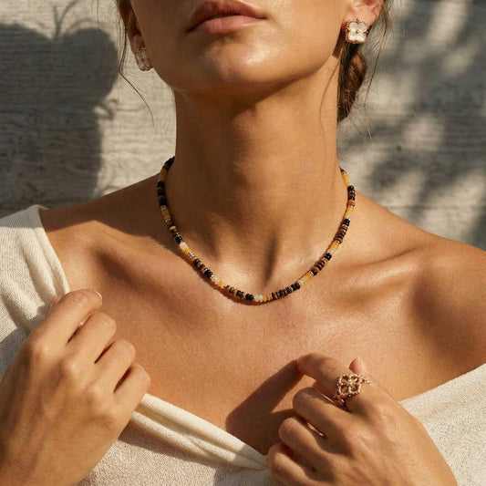 ‌Natural Stone Tiger  Eye Beaded Choker Necklace