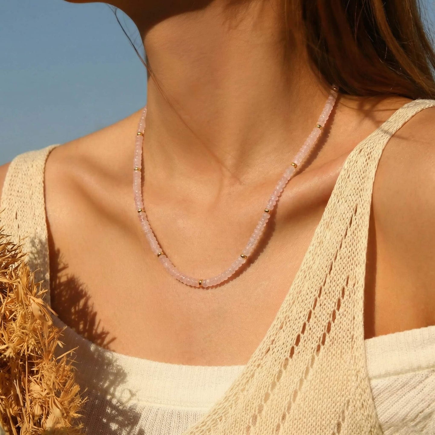 Pink Natural Stone Beaded Choker Necklace
