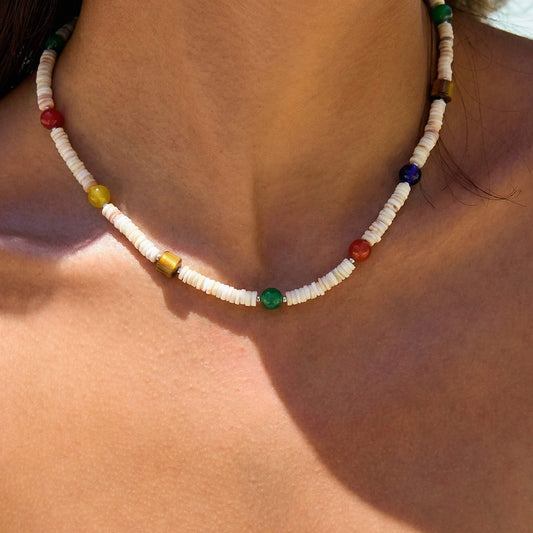 Colorful Natural Stone & Shell Beaded Choker Necklace