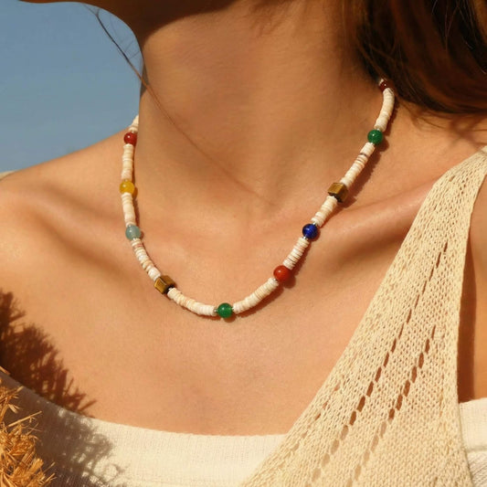 Colorful Natural Stone & Shell Beaded Choker Necklace