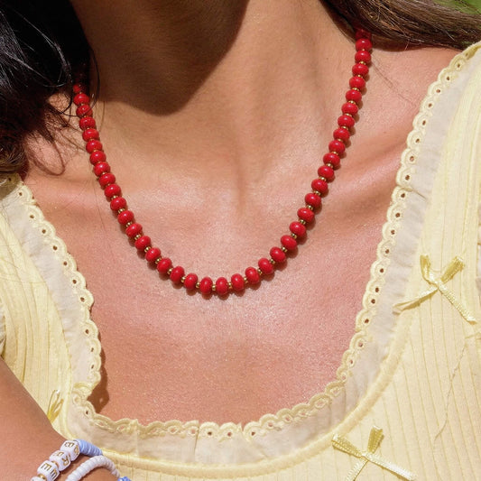 ‌Vibrant Red Agate Beaded Choker Necklace