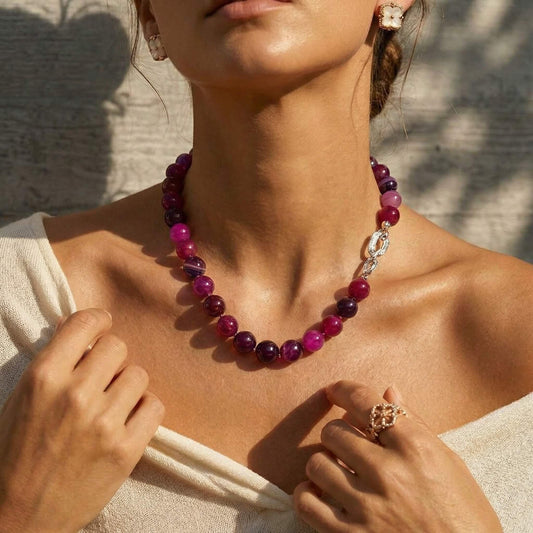 Elegant Natural Pink Agate Beaded Choker Necklace