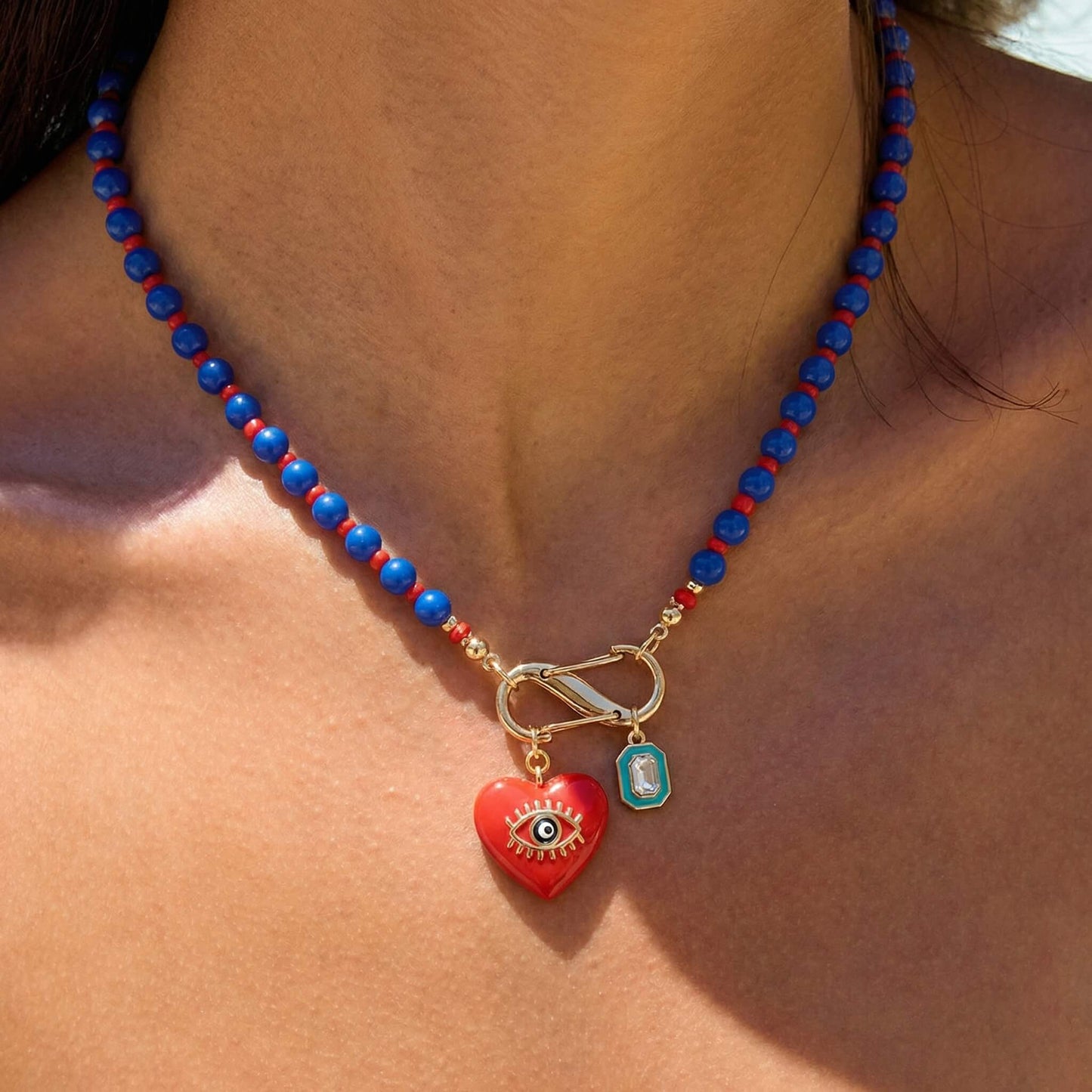 Blue-Orange Beaded Choker Heart Pendant  Necklace